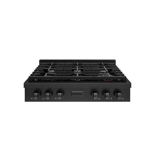 ZLINE 36 in. Paramount Gas Rangetop with 6 Burners and Porcelain Cooktop in Black Stainless Steel (SRTB-36) front.
