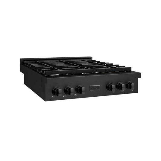 ZLINE 36 in. Paramount Gas Rangetop with 6 Burners and Porcelain Cooktop in Black Stainless Steel (SRTB-36) side.