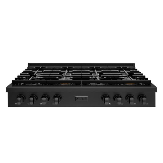 ZLINE 48 in. Paramount Gas Rangetop with 8 Burners and Porcelain Cooktop in Black Stainless Steel (SRTB-48) front.
