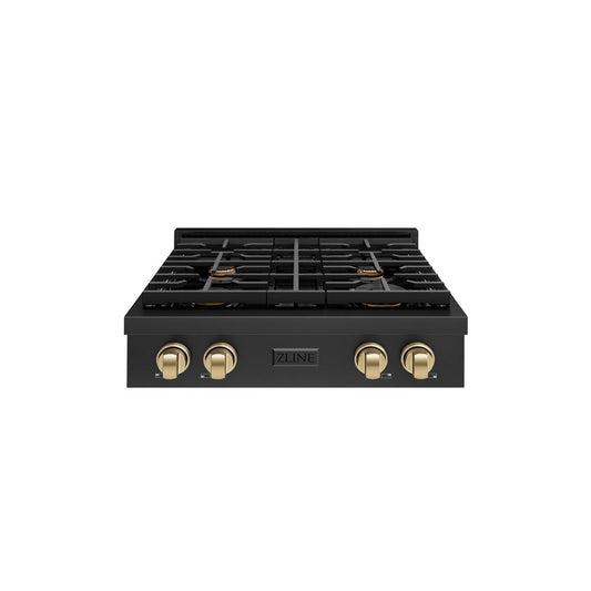 ZLINE 30 in. Autograph Edition Paramount Gas Rangetop with 4 Burners and Porcelain Cooktop in Black Stainless Steel with Champagne Bronze Accents (SRTBZ-30-CB) front.