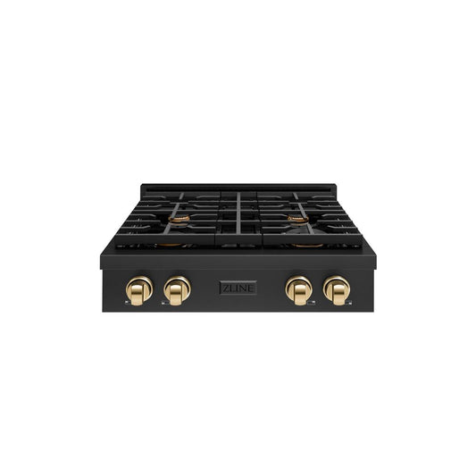 ZLINE 30 in. Autograph Edition Paramount Gas Rangetop with 4 Burners and Porcelain Cooktop in Black Stainless Steel with Polished Gold Accents (SRTBZ-30-G) front.