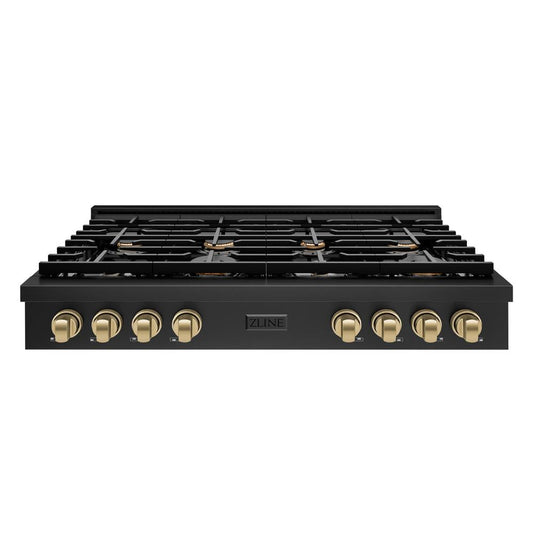 ZLINE 48 in. Autograph Edition Paramount Gas Rangetop with 8 Burners and Porcelain Cooktop in Black Stainless Steel with Champagne Bronze Accents (SRTBZ-48-CB) front.