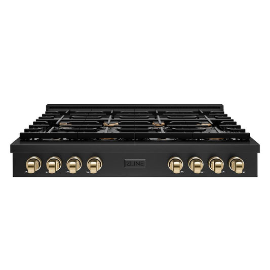 ZLINE 48 in. Autograph Edition Paramount Gas Rangetop with 8 Burners and Porcelain Cooktop in Black Stainless Steel with Polished Gold Accents (SRTBZ-48-G) front.