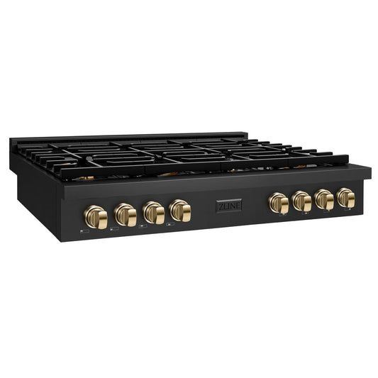 ZLINE 48 in. Autograph Edition Paramount Gas Rangetop with 8 Burners and Porcelain Cooktop in Black Stainless Steel with Polished Gold Accents (SRTBZ-48-G) side.