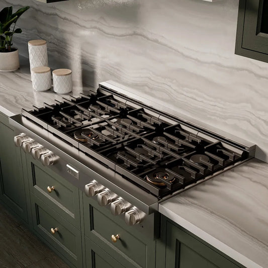 ZLINE 48 in. Paramount Gas Rangetop with 8 Burners and Porcelain Cooktop in Stainless Steel (SRT48) in a luxury kitchen.