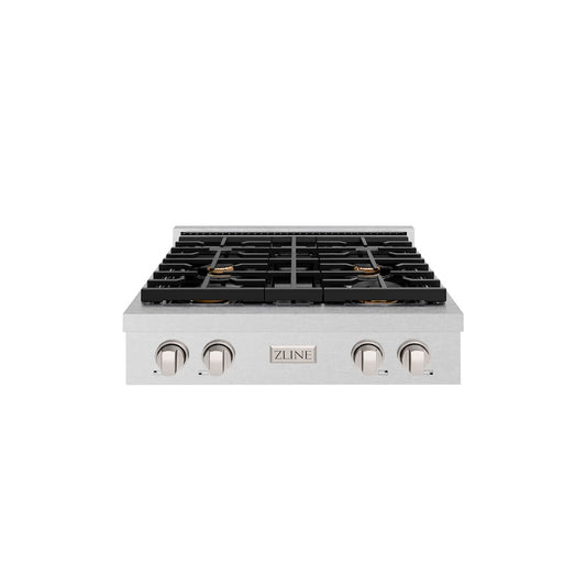 ZLINE 30 in. Paramount Gas Rangetop with 4 Brass Burners and Porcelain Cooktop in Satin Stainless Steel (SRTS-BR-30) front.