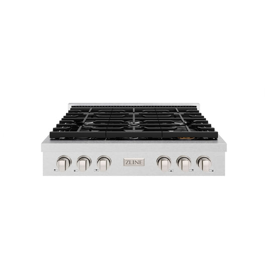 ZLINE 36 in. Paramount Gas Rangetop with 6 Burners and Porcelain Cooktop in Satin Stainless Steel (SRTS-36) front.