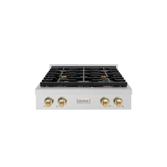 ZLINE Autograph Edition 30 in. Paramount Gas Rangetop with 4 Burners and Porcelain Cooktop in Satin Stainless Steel with Champagne Bronze Accents (SRTSZ-30-CB) front.