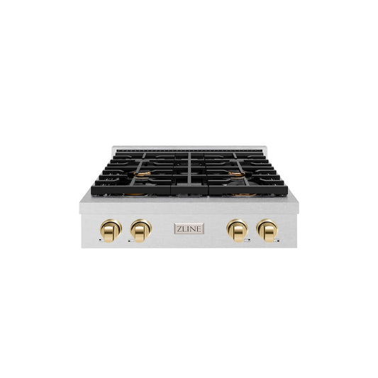 ZLINE Autograph Edition 30 in. Paramount Gas Rangetop with 4 Burners and Porcelain Cooktop in Satin Stainless Steel with Polished Gold Accents (SRTSZ-30-G) front.