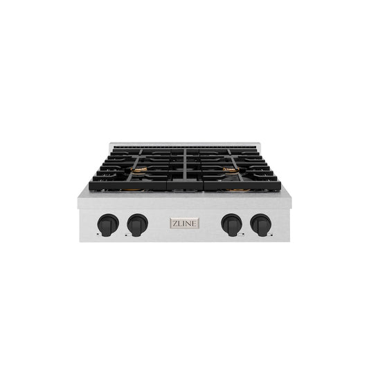 ZLINE Autograph Edition 30 in. Paramount Gas Rangetop with 4 Burners and Porcelain Cooktop in Satin Stainless Steel with Matte Black Accents (SRTSZ-30-MB) front.