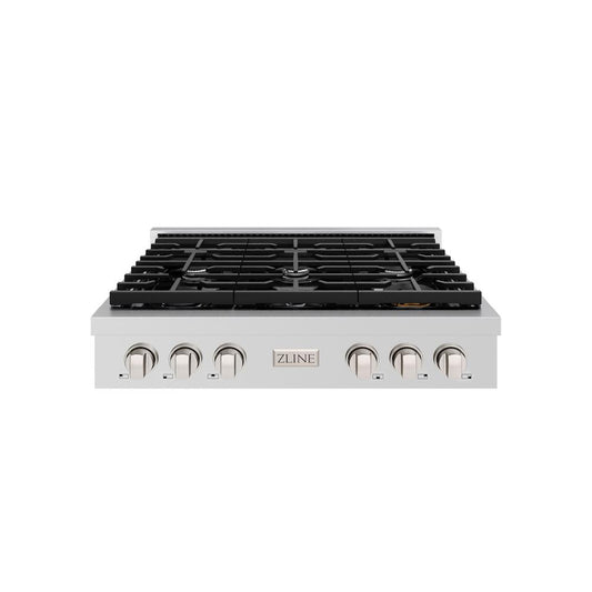 ZLINE 36 in. Paramount Gas Rangetop with 6 Burners and Porcelain Cooktop in Stainless Steel (SRT36) front.