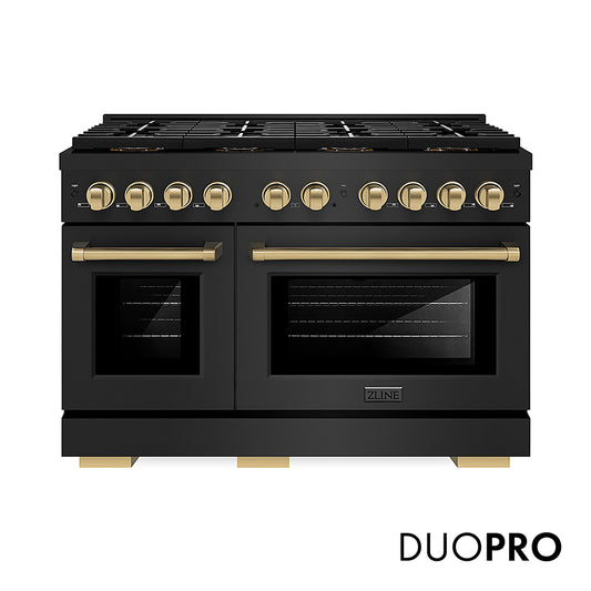 ZLINE Autograph Edition 48 in. 6.7 cu. ft. Paramount Dual Fuel Range with 8 Burner DuoPro™ Cooktop and Dual Ovens in Black Stainless Steel and Champagne Bronze Accents (PSDRBZ-48-CB)