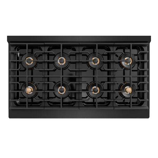 ZLINE Autograph Edition 48 in. 6.7 cu. ft. Paramount Dual Fuel Range with 8 Burner DuoPro™ Cooktop and Dual Ovens in Black Stainless Steel and Polished Gold Accents (PSDRBZ-48-G) top-down, above cooktop.