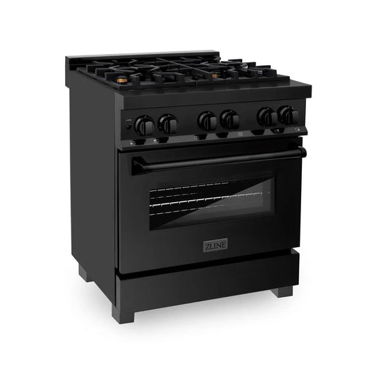 ZLINE 30 in. 4.0 cu. ft. Legacy Dual Fuel Range with Gas Cooktop and Electric Convection Oven in Black Stainless Steel with 4 Brass Burners (RAB-BR-30) main image.
