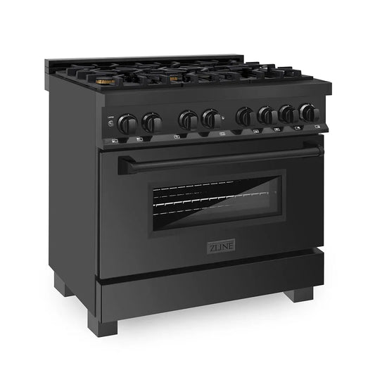 ZLINE 36 in. 4.6 cu. ft. Legacy Dual Fuel Range with Gas Cooktop and Electric Convection Oven in Black Stainless Steel with 6 Brass Burners (RAB-BR-36) main image.