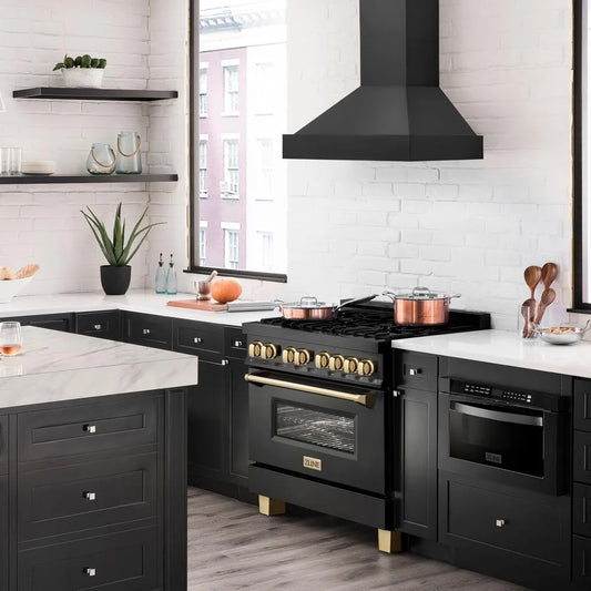 Modern kitchen with ZLINE 36 in. Ducted Vent Black Stainless Steel Wall Mount Range Hood (BS655N-36), black appliances, and white countertops