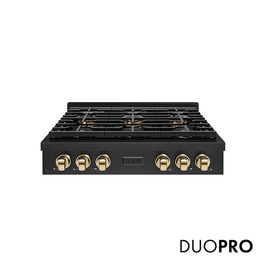 ZLINE Autograph Edition 36 in. Paramount Gas Rangetop with 6 Burner DuoPro™ Cooktop in Black Stainless Steel and Polished Gold Accents (PSRTBZ-36-G)