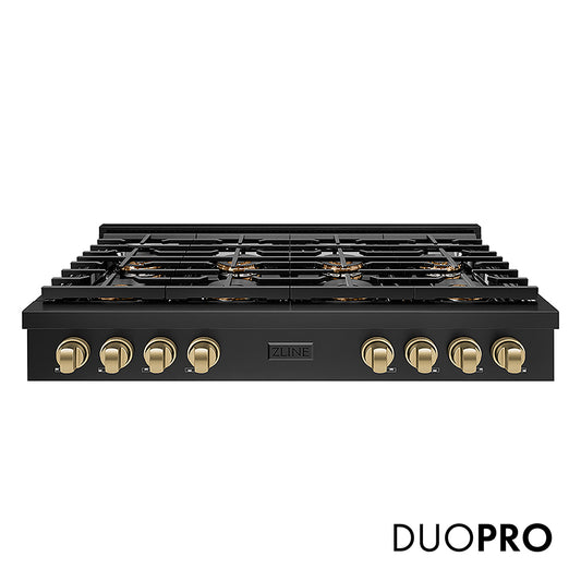 ZLINE Autograph Edition 48 in. Paramount Gas Rangetop with 8 Burner DuoPro™ Cooktop in Black Stainless Steel and Champagne Bronze Accents (PSRTBZ-48-CB)