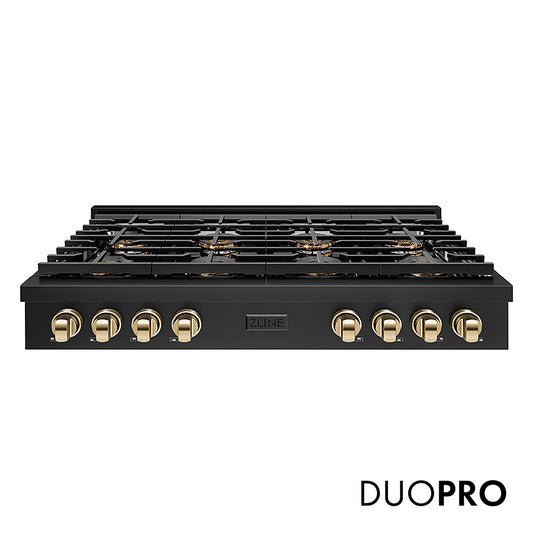 ZLINE Autograph Edition 48 in. Paramount Gas Rangetop with 8 Burner DuoPro™ Cooktop in Black Stainless Steel and Polished Gold Accents (PSRTBZ-48-G)
