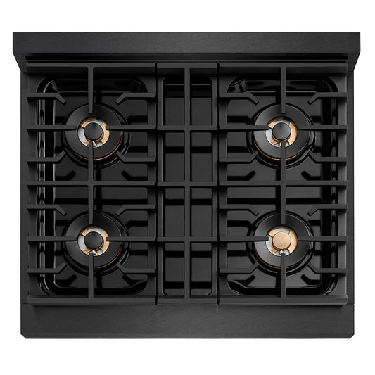 ZLINE 30 in. 4.2 cu. ft. Paramount Gas Range with 4 Burner DuoPro™ Cooktop and Convection Gas Oven in Black Satin Stainless Steel (PSGRBS-30) top-down, above cooktop.