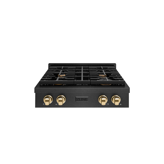 ZLINE Autograph Edition 30 in. Paramount Gas Rangetop with 4 Burners and Porcelain Cooktop in Black Satin Stainless Steel with Polished Gold Accents (SRTBSZ-30-G)