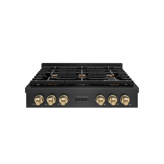 ZLINE Autograph Edition 36 in. Paramount Gas Rangetop with 6 Burners and Porcelain Cooktop in Black Satin Stainless Steel with Champagne Bronze Accents (SRTBSZ-36-CB)