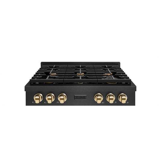 ZLINE Autograph Edition 36 in. Paramount Gas Rangetop with 6 Burners and Porcelain Cooktop in Black Satin Stainless Steel with Polished Gold Accents (SRTBSZ-36-G)