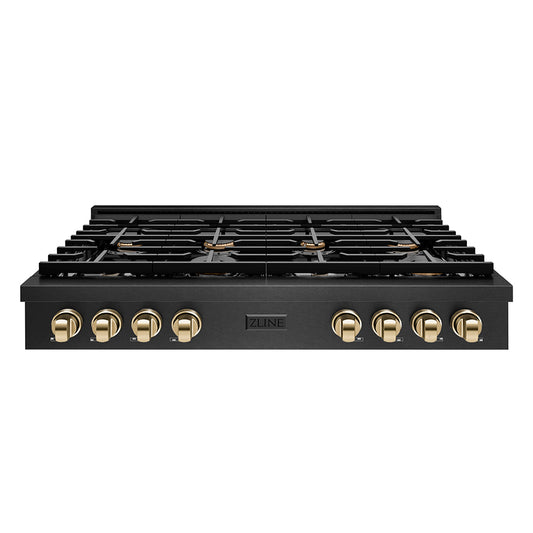ZLINE Autograph Edition 48 in. Paramount Gas Rangetop with 8 Burners and Porcelain Cooktop in Black Satin Stainless Steel with Polished Gold Accents (SRTBSZ-48-G)