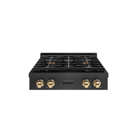 ZLINE Autograph Edition 30 in. Paramount Gas Rangetop with 4 Burner DuoPro™ Cooktop in Black Satin Stainless Steel and Polished Gold Accents (PSRTBSZ-30-G)