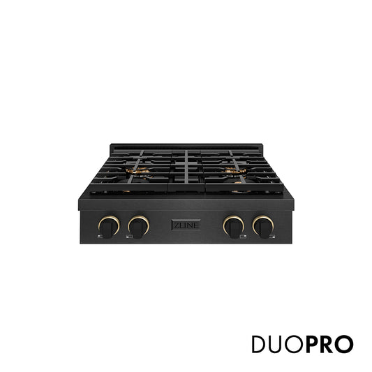 ZLINE Designer Collection 30 in. Paramount Gas Rangetop with 4 Burner DuoPro™ Cooktop in Black Satin Stainless Steel with Matte Black and Champagne Bronze Accents (PSRTBSZ-30-MBCB)