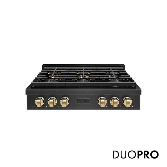 ZLINE Autograph Edition 36 in. Paramount Gas Rangetop with 6 Burner DuoPro™ Cooktop in Black Satin Stainless Steel and Champagne Bronze Accents (PSRTBSZ-36-CB)