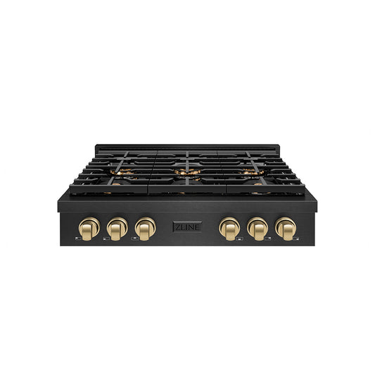 ZLINE Autograph Edition 36 in. Paramount Gas Rangetop with 6 Burner DuoPro™ Cooktop in Black Satin Stainless Steel and Champagne Bronze Accents (PSRTBSZ-36-CB)