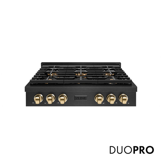 ZLINE Autograph Edition 36 in. Paramount Gas Rangetop with 6 Burner DuoPro™ Cooktop in Black Satin Stainless Steel and Polished Gold Accents (PSRTBSZ-36-G)