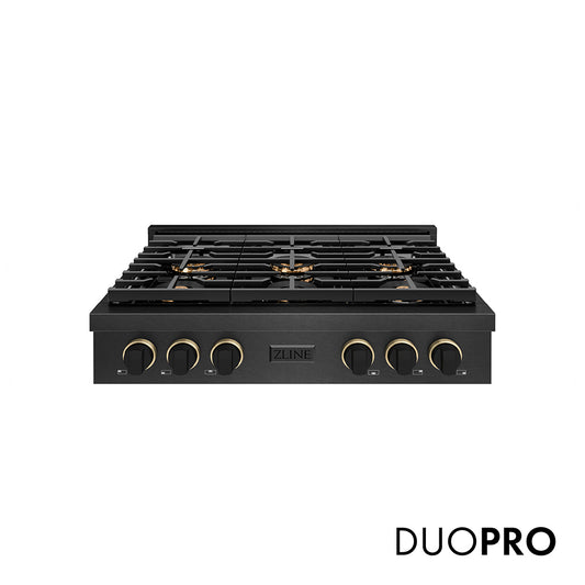 ZLINE Designer Collection 36 in. Paramount Gas Rangetop with 6 Burner DuoPro™ Cooktop in Black Satin Stainless Steel with Matte Black and Champagne Bronze Accents (PSRTBSZ-36-MBCB)