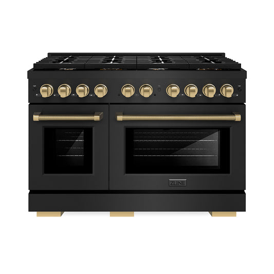 ZLINE Autograph Edition 48 in. 6.7 cu. ft. Paramount Double Oven Dual Fuel Range with 8 Burner Gas Cooktop in Black Stainless Steel and Champagne Bronze Helix Handles and Knob Accents (SDRBZ-48-KCB)