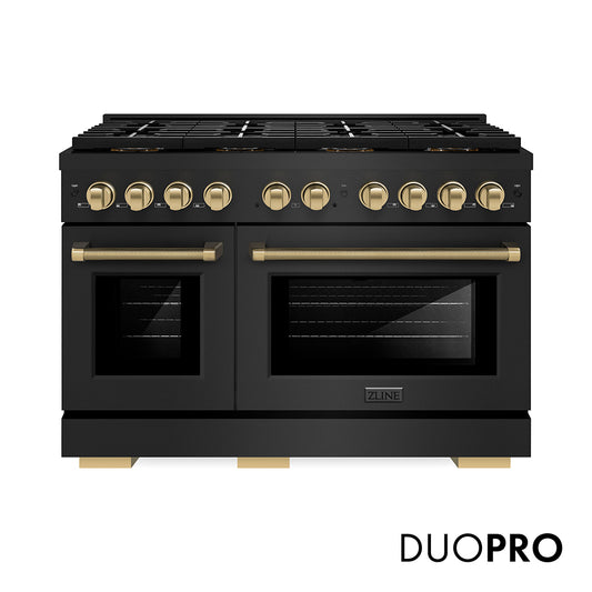 ZLINE Autograph Edition 48 in. 6.7 cu. ft. Paramount Dual Fuel Range with 8 Burner DuoPro™ Cooktop and Dual Ovens in Black Stainless Steel with Champagne Bronze Helix Handles and Accents (PSDRBZ-48-KCB)