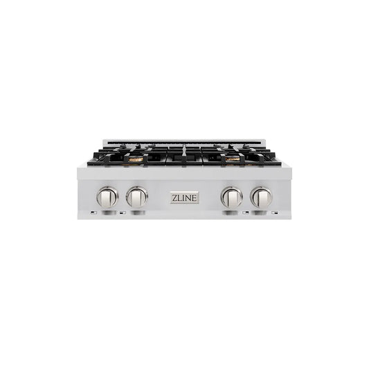 ZLINE 30 in. Classic Gas Rangetop with 4 Brass Burners and Porcelain Cooktop in Stainless Steel (RT-BR-30) main image.