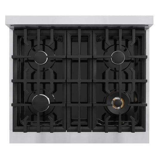ZLINE 30 in. Classic Gas Rangetop with 4 Burners and Porcelain Cooktop in Stainless Steel (RT30) top-down, above cooking surface.