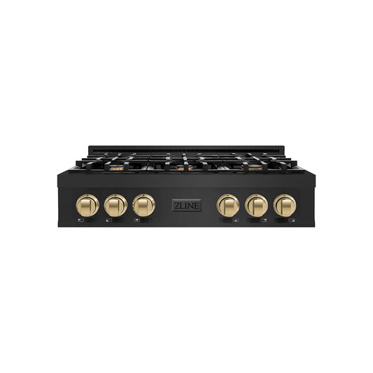 ZLINE Autograph Edition 36 in. Classic Gas Rangetop with 6 Burners and Porcelain Cooktop in Black Stainless Steel with Champagne Bronze Accents (RTBZ-36-CB) main image.
