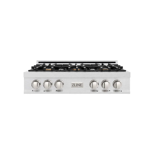 ZLINE 36 in. Classic Gas Rangetop with 6 Brass Burners and Porcelain Cooktop in Satin Stainless Steel (RTS-BR-36) main image.