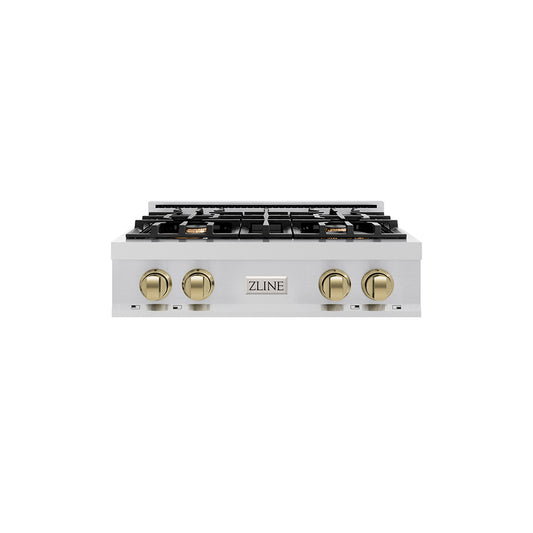 ZLINE Autograph Edition 30 in. Classic Gas Rangetop with 4 Burners and Porcelain Cooktop in Stainless Steel with Champagne Bronze Accents (RTZ-30-CB)