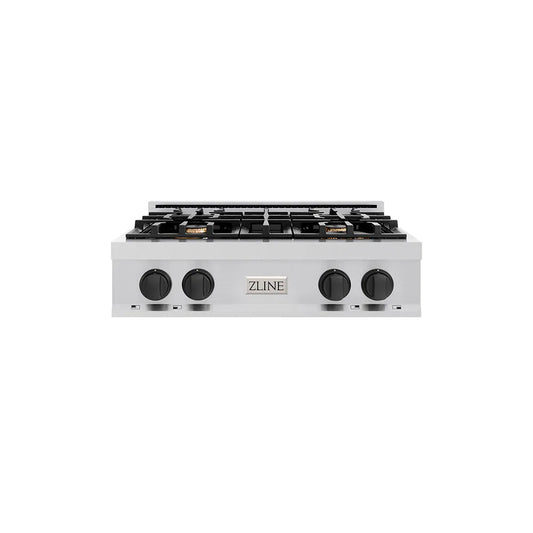 ZLINE Autograph Edition 30 in. Classic Gas Rangetop with 4 Burners and Porcelain Cooktop in Stainless Steel with Matte Black Accents (RTZ-30-MB) main image.