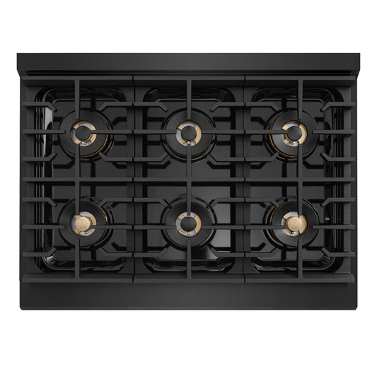 ZLINE Autograph Edition 36 in. 5.2 cu. ft. Marino Dual Fuel Range with 6 Burner DuoPro™ Cooktop and Electric Convection Oven in Black Stainless Steel and Polished Gold Accents (PMDRBZ-36-G) top-down, above cooking surface.