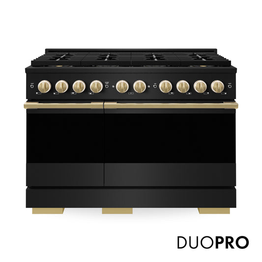 ZLINE Autograph Edition 48 in. 6.7 cu. ft. Marino Dual Fuel Range with 8 Burner DuoPro™ Cooktop and Dual Ovens in Black Stainless Steel and Polished Gold Accents (PMDRBZ-48-G) main image.