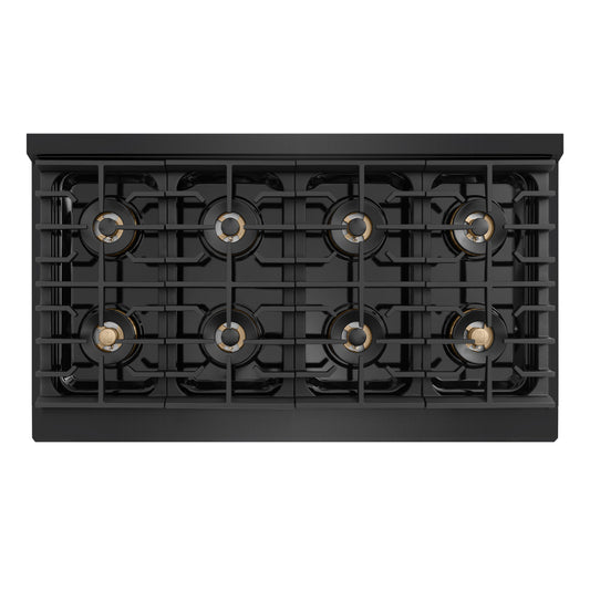 ZLINE Autograph Edition 48 in. 6.7 cu. ft. Marino Dual Fuel Range with 8 Burner DuoPro™ Cooktop and Dual Ovens in Black Stainless Steel and Polished Gold Accents (PMDRBZ-48-G) top-down, above cooking surface.
