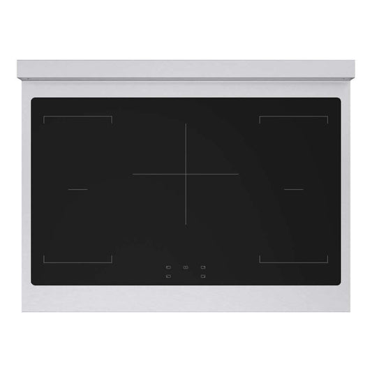 ZLINE Autograph Edition 36 in. 5.2 cu. ft. Marino Induction Range with 5 Element Cooktop and Electric Convection Oven in Satin Stainless Steel with White Matte Door and Polished Gold Accents (MINRSZ-WM-36-G) top-down, above cooking surface.