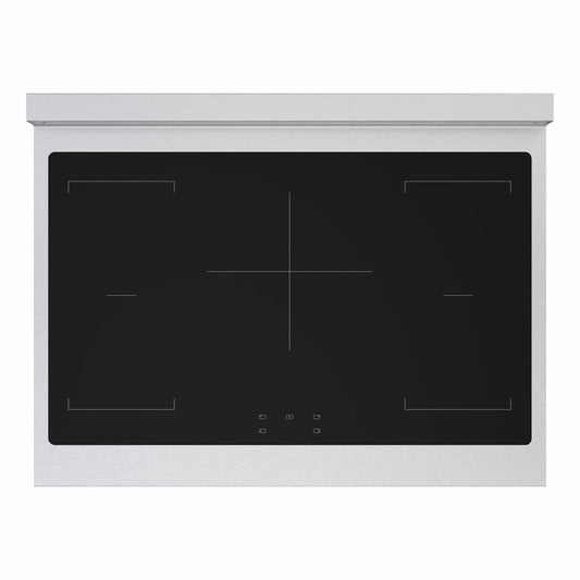 ZLINE Autograph Edition 36 in. 5.2 cu. ft. Marino Induction Range with 5 Element Cooktop and Electric Convection Oven in Satin Stainless Steel with White Matte Door and Champagne Bronze Accents (MINRSZ-WM-36-CB) top-down, above cooktop.