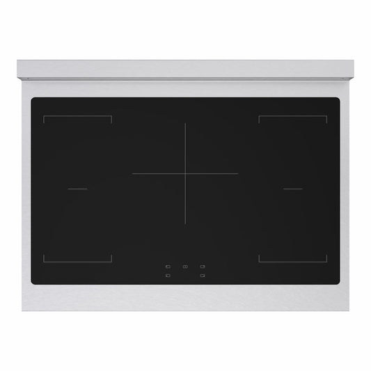 ZLINE 36 in. 5.2 cu. ft. Marino Induction Range with 5 Element Cooktop and Electric Convection Oven in Satin Stainless Steel with White Matte Door (MINRS-WM-36) top-down, above cooking surface.