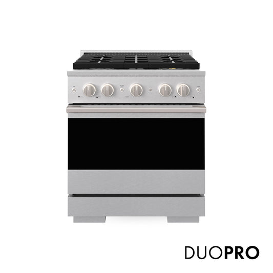 ZLINE 30 in. 4.2 cu. ft. Marino Dual Fuel Range with 4 Burner DuoPro™ Cooktop and Electric Convection Oven in Satin Stainless Steel (PMDRS-30) main image.