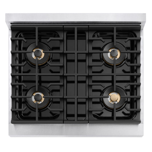ZLINE 30 in. 4.2 cu. ft. Marino Dual Fuel Range with 4 Burner DuoPro™ Cooktop and Electric Convection Oven in Satin Stainless Steel (PMDRS-30) top-down, above cooking surface.